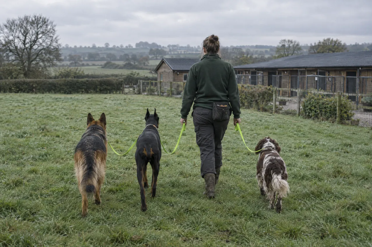 Two walks a day on top of training Trainer walking a German Shepherd, a Dobermann and a springer spaniel on slack lime leads across a kennel field
