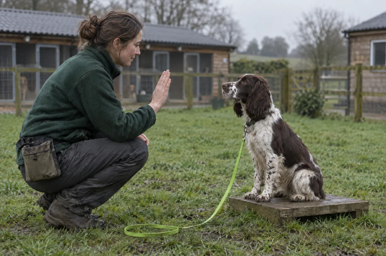 Trainer in a green fleece giving a stay signal to a springer spaniel sitting on a wooden place board in a kennel paddock