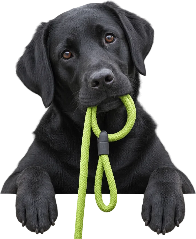 Black Labrador leaning its paws over the edge of the page, holding a lime slip lead in its mouth
