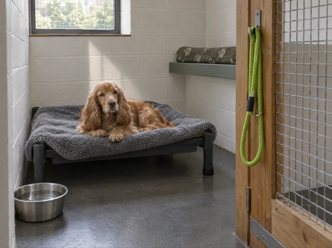 Cocker spaniel resting on a raised bed with a grey fleece in a clean kennel suite, lime lead hanging on the door