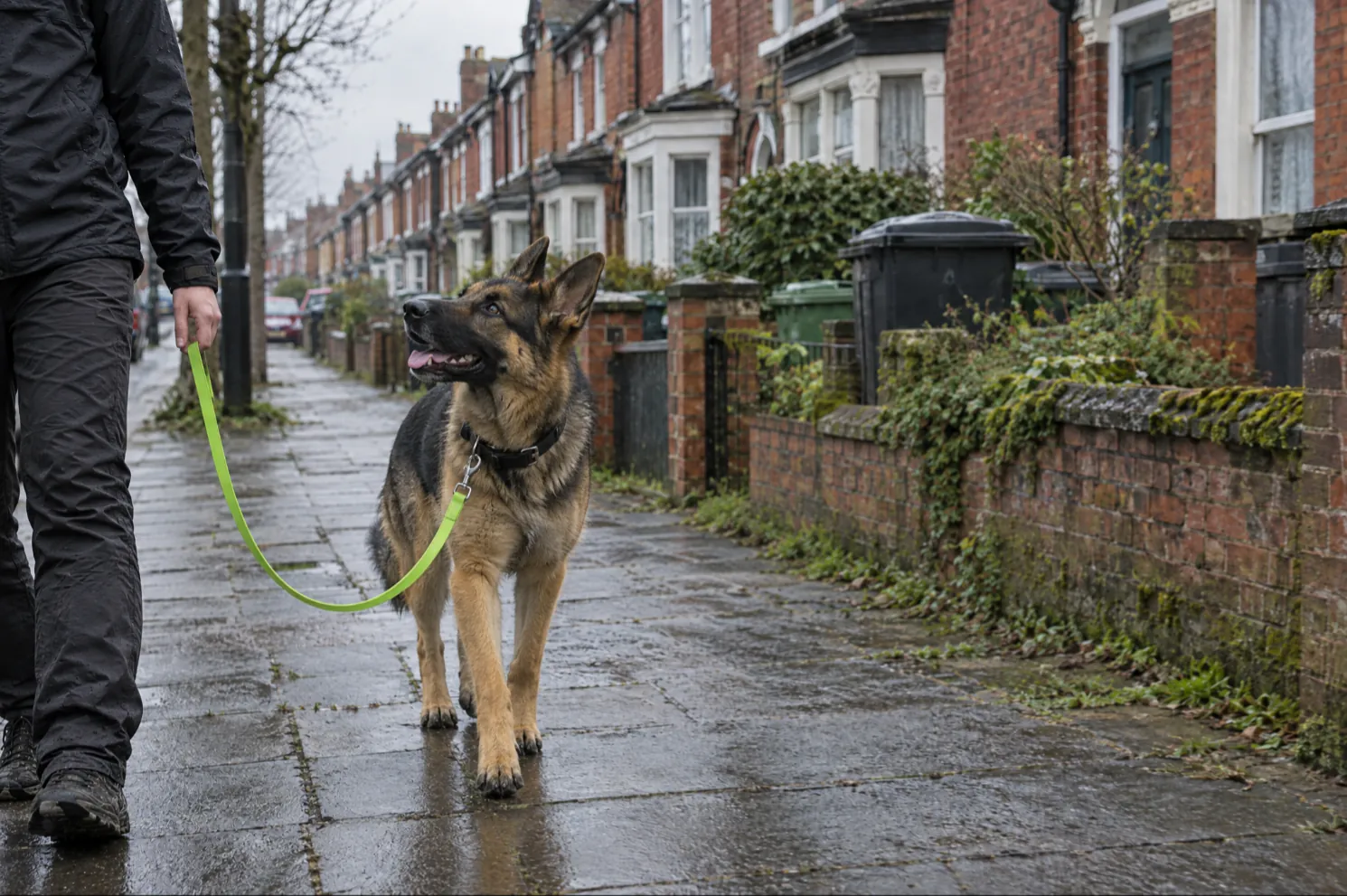 The same German Shepherd walking calmly beside its owner on a slack lime lead on the same terraced street