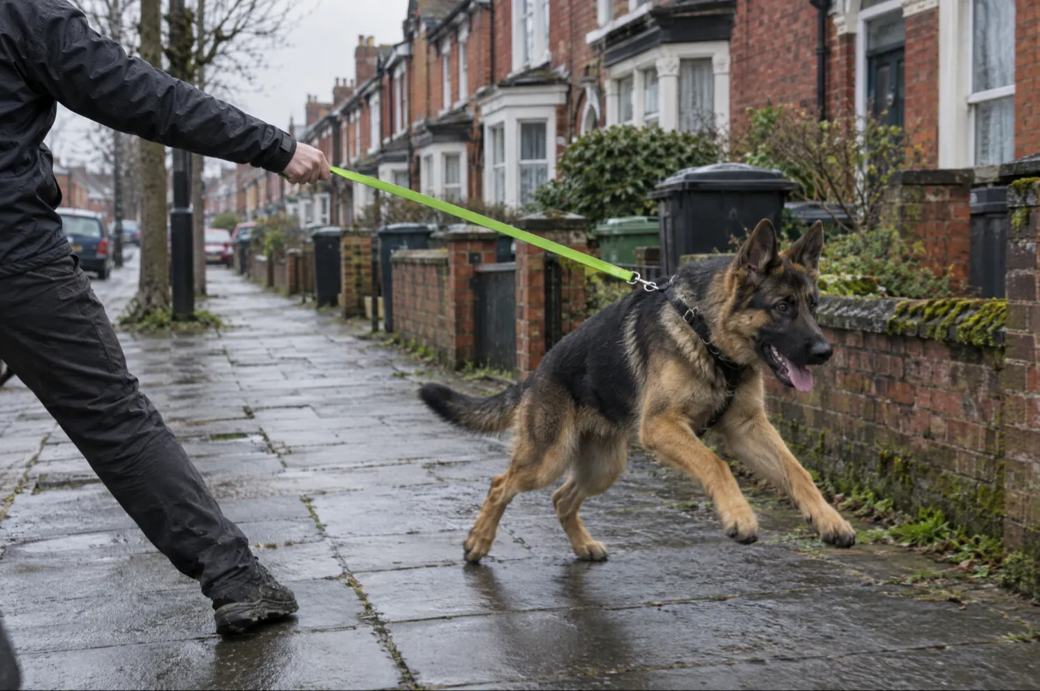 Young German Shepherd pulling hard on a taut lime lead along a wet terraced street, owner's arm stretched out