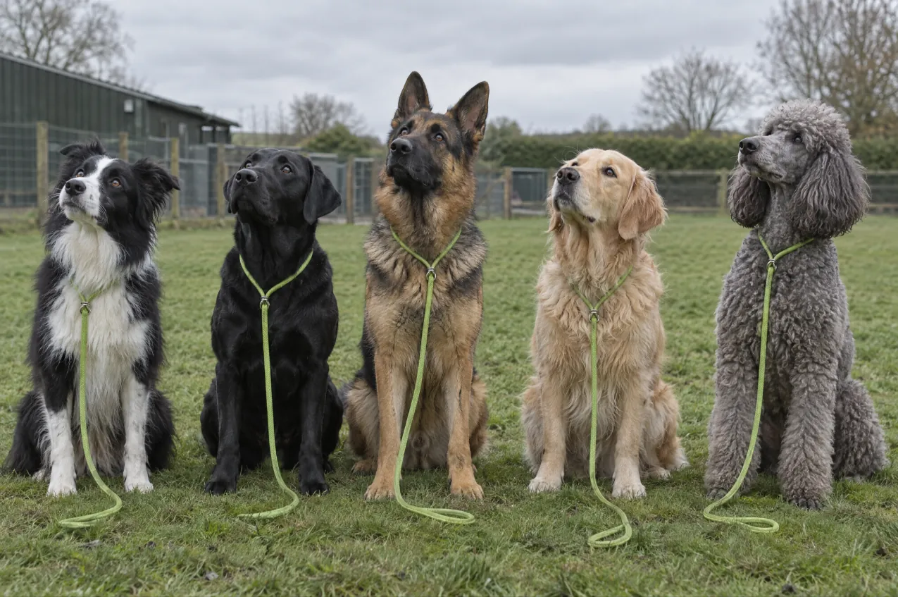 Border collie, black Labrador, German Shepherd, golden retriever and standard poodle sitting in a row on grass