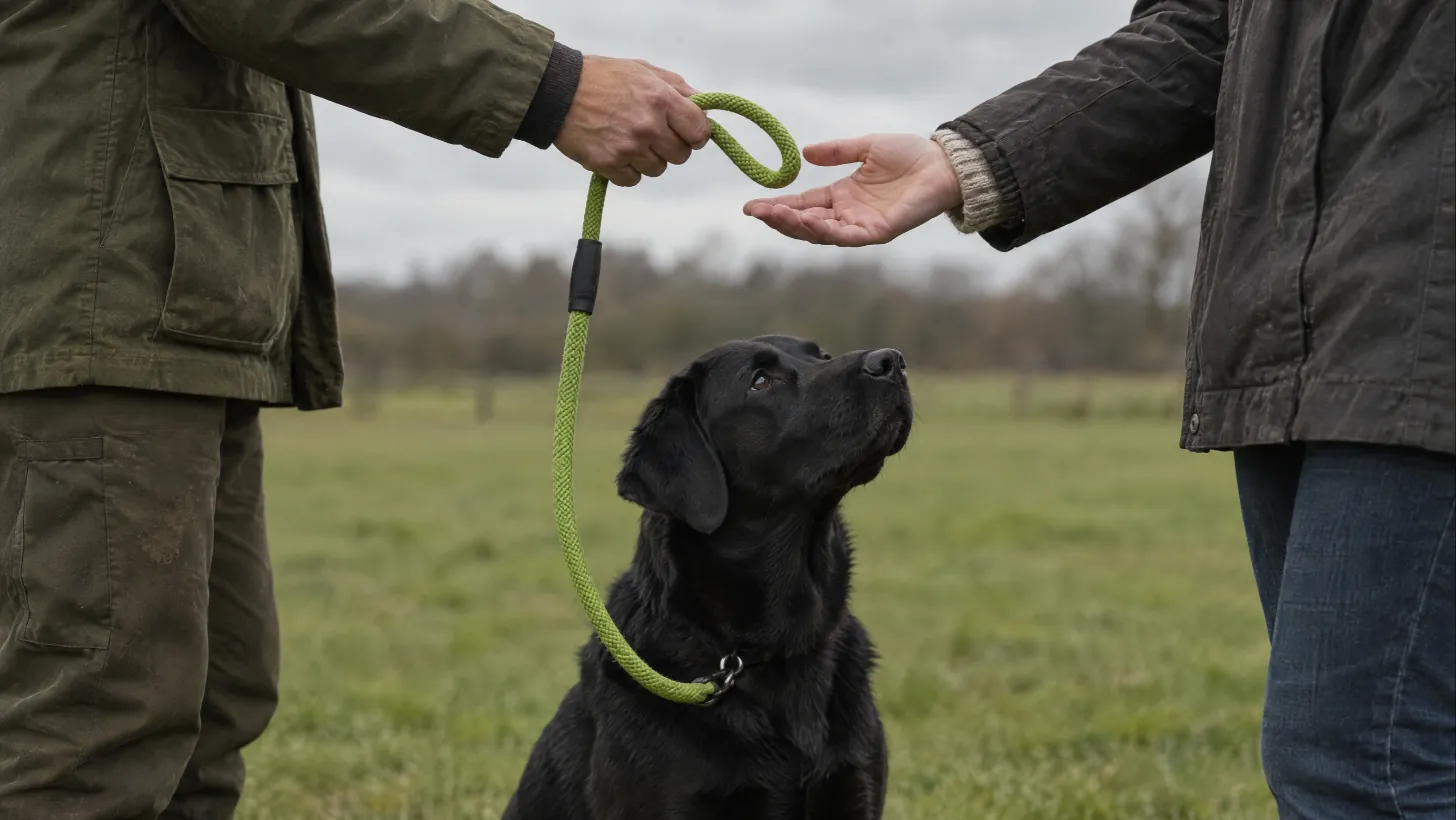 Trainer handing a lime rope lead to the owner while a black Labrador sits between them looking up