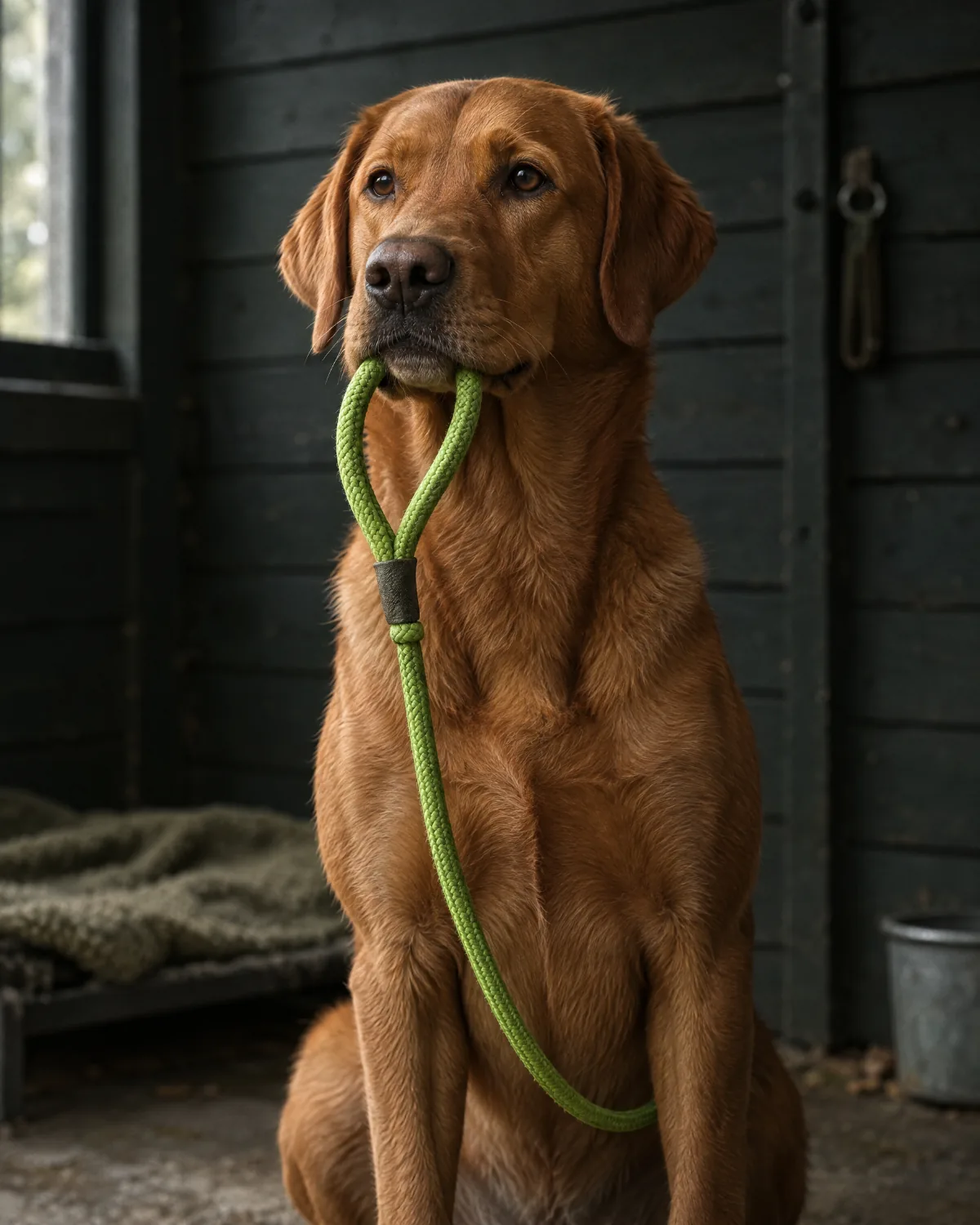 Fox red Labrador sitting in a kennel, holding the loop of a lime-green slip lead in its mouth