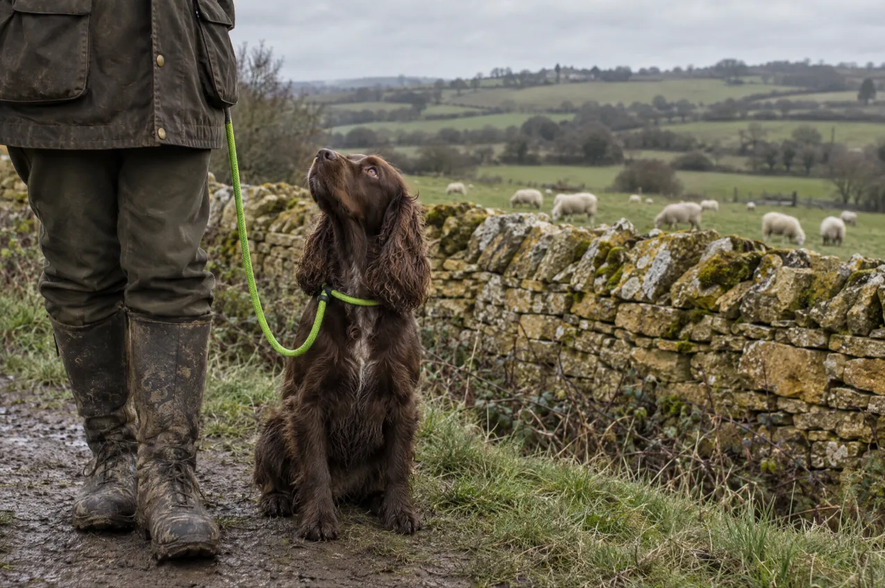 Working cocker spaniel sitting at heel on a slack lime lead by a Cotswold stone wall, sheep grazing beyond