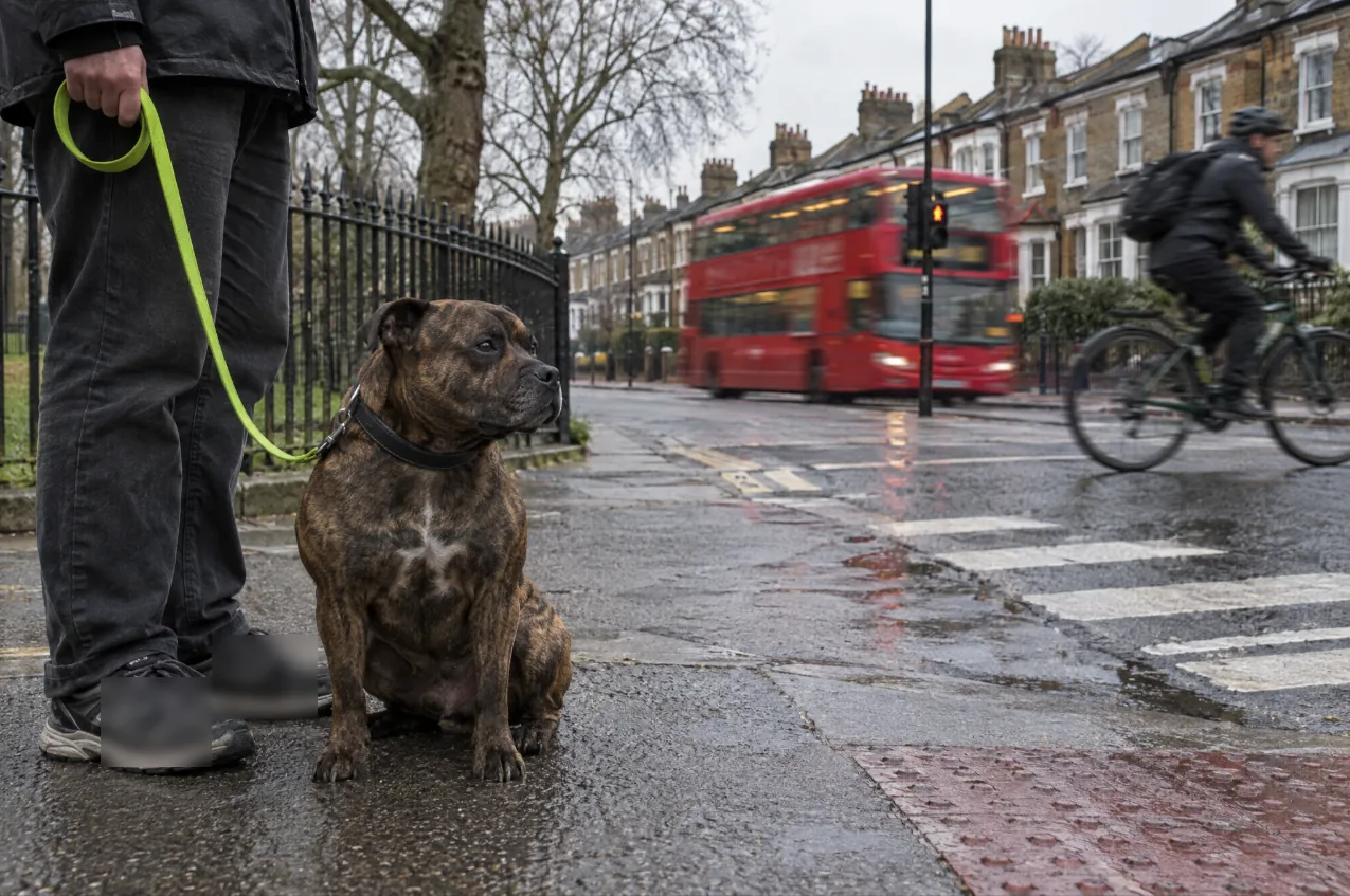 Brindle Staffordshire bull terrier sitting calmly at a South London crossing as a red bus and a cyclist pass