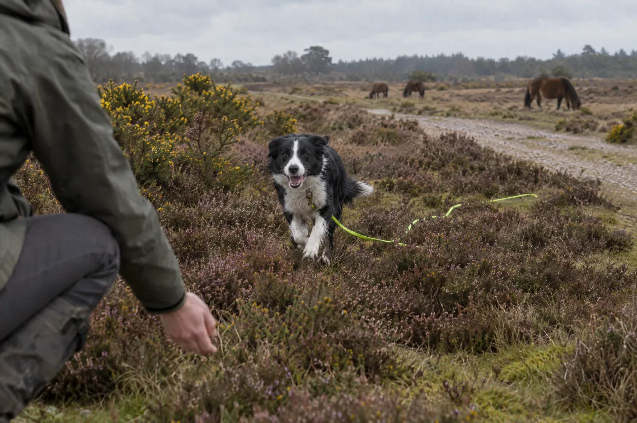 Border collie running back to its handler through heather on the New Forest, trailing a lime long line, ponies behind