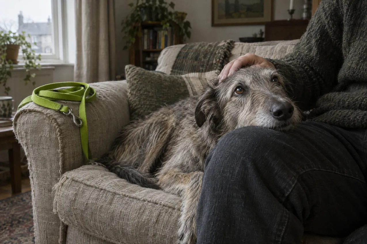 Grey lurcher resting its head on its owner's knee on a linen sofa, lime lead on the sofa arm